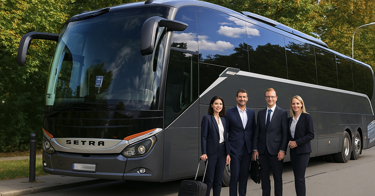 Moderner Reisebus mit Busfahrer-Team von Busunternehmen Hagen – European Bus Service