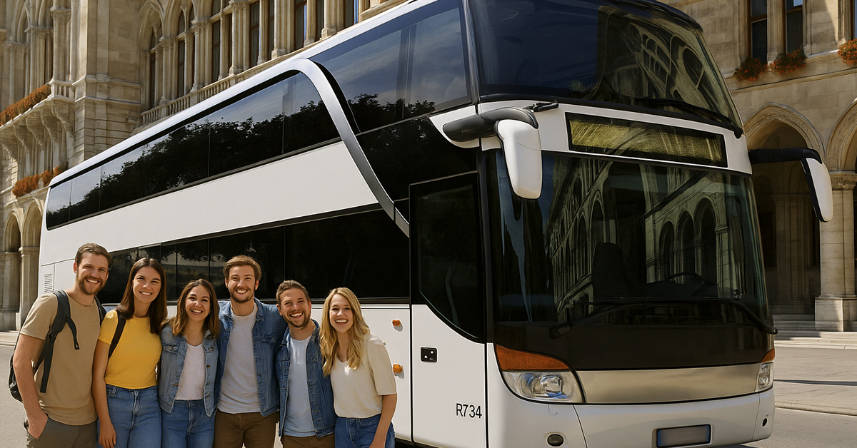 Gruppe junger Reisender vor einem modernen Reisebus von Busunternehmen Hagen – European Bus Service
